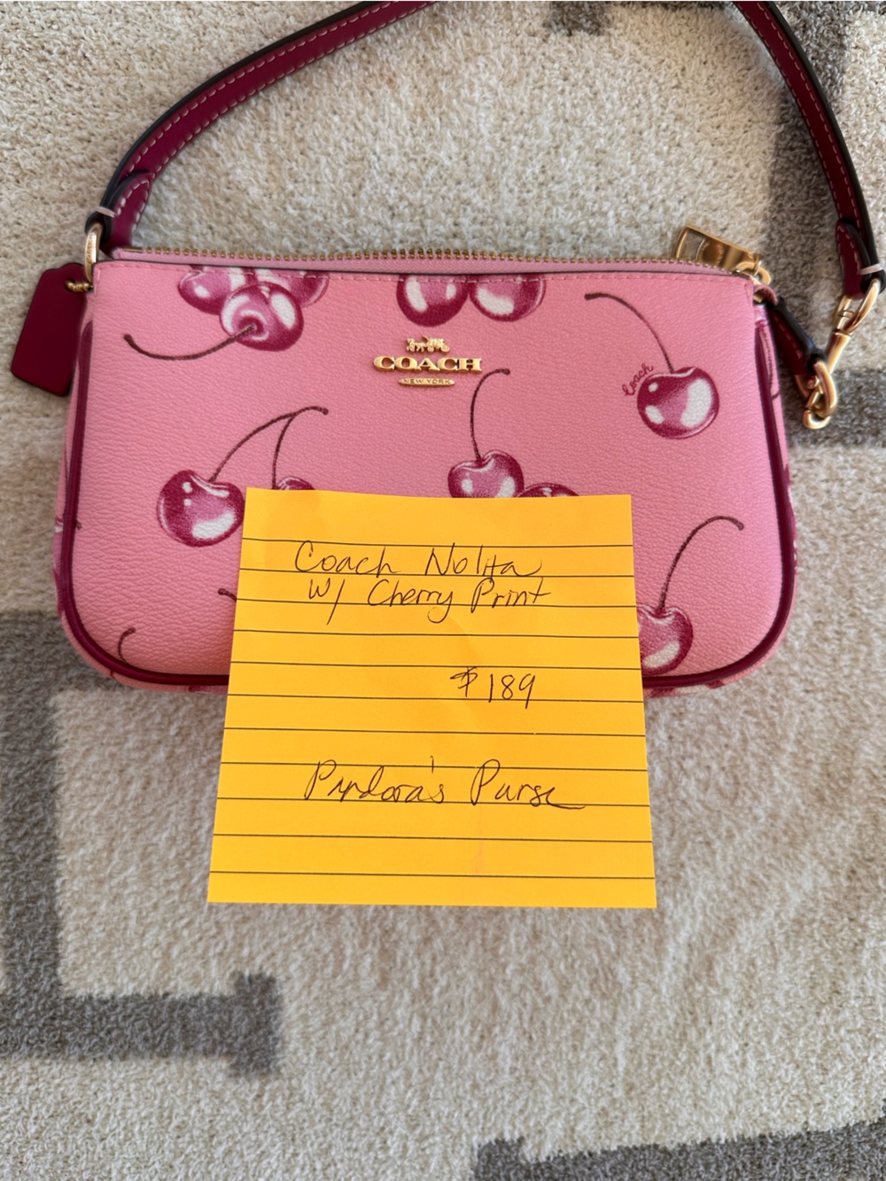 Coach Pink Cherry Print Leather Crossbody Wallet with Gold Hardware - Picture 5 of 10
